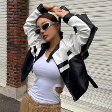 Black and white patchwork PU fabric women jacket